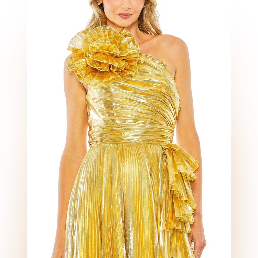 MAC DUGGAL Gold One Shoulder Pleated Ruffle Gown with Slit - Picture 17 of 17